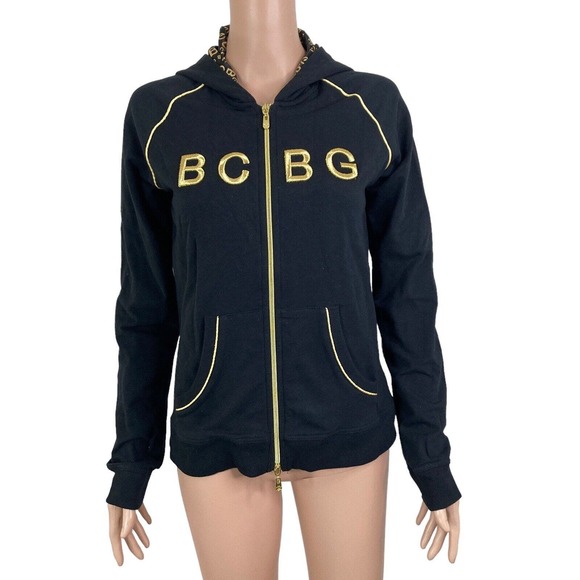 BCBGMaxazria Sweat Jacket Womens Large Black Gold Embroidered Spellout Full Zip - Picture 9 of 11